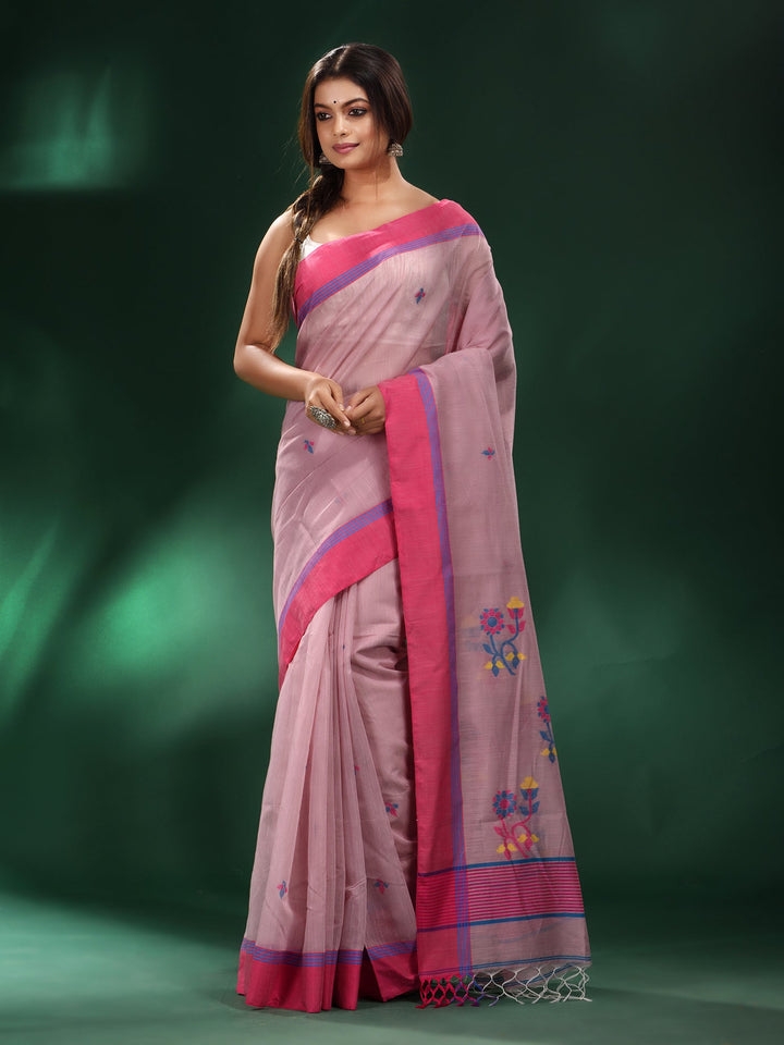 CHARUKRITI Pink Handspun Cotton Soft Flower Motif in Pallu Saree with Unstitched Blouse