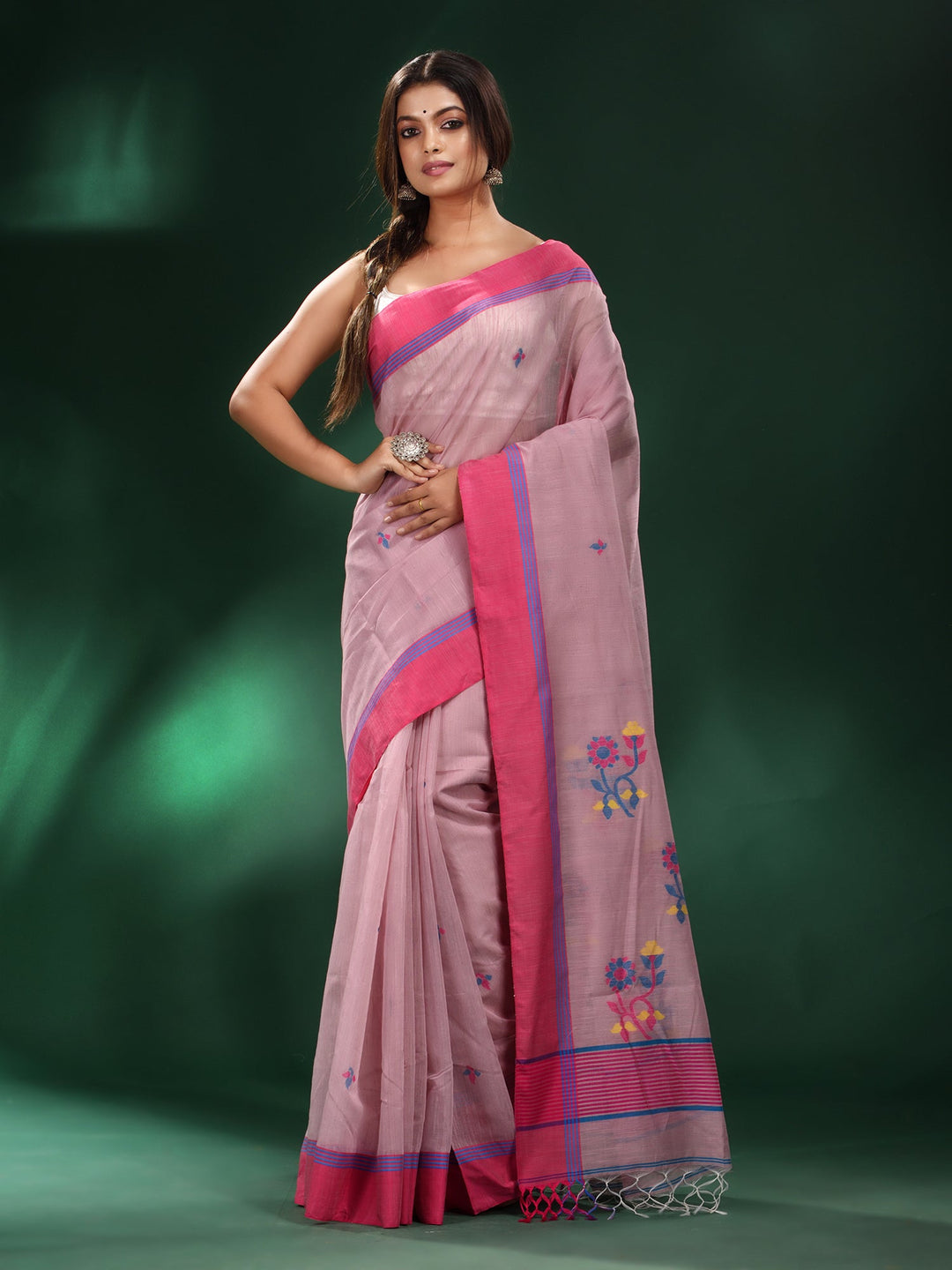 CHARUKRITI Pink Handspun Cotton Soft Flower Motif in Pallu Saree with Unstitched Blouse