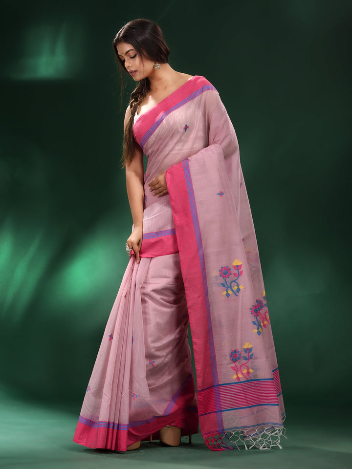 CHARUKRITI Pink Handspun Cotton Soft Flower Motif in Pallu Saree with Unstitched Blouse