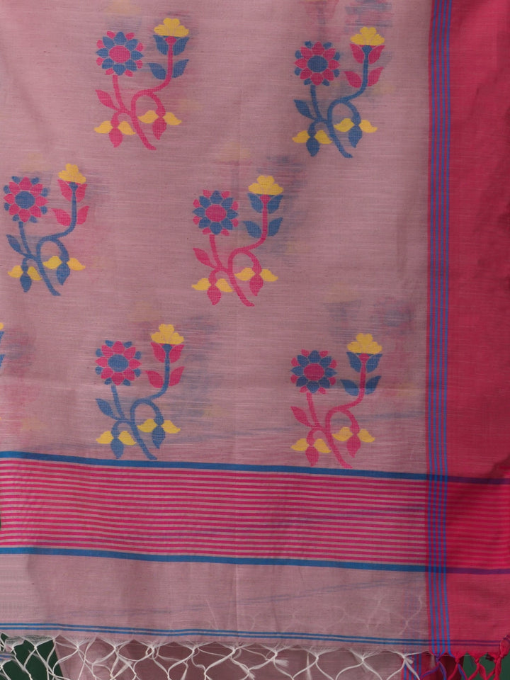 CHARUKRITI Pink Handspun Cotton Soft Flower Motif in Pallu Saree with Unstitched Blouse