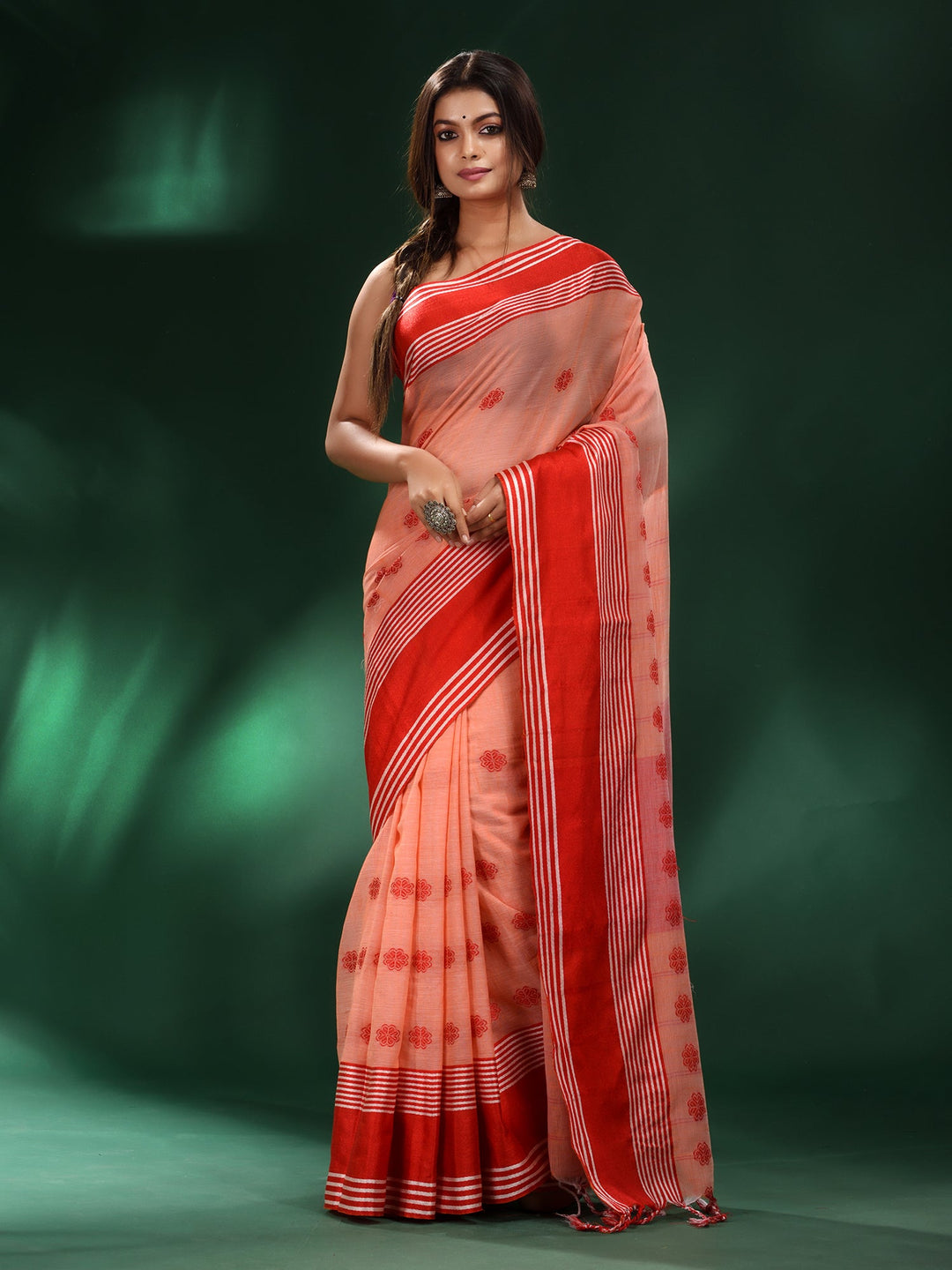 CHARUKRITI Peach Handspun Cotton Soft Handwoven Saree with Unstitched Blouse