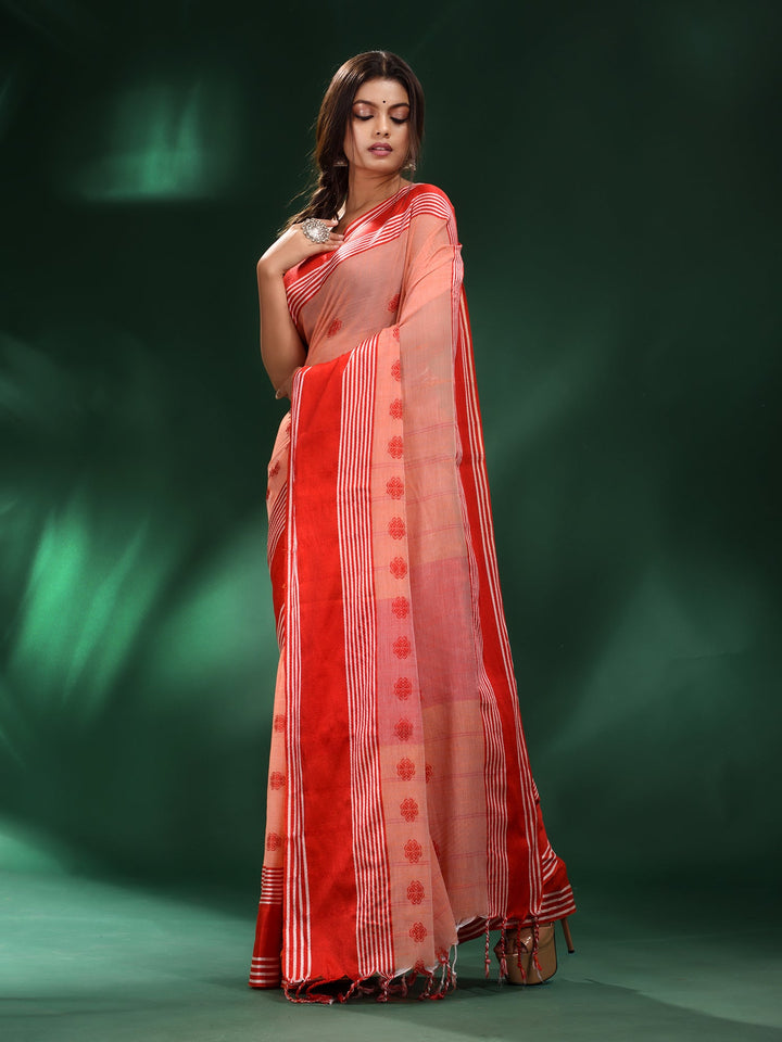 CHARUKRITI Peach Handspun Cotton Soft Handwoven Saree with Unstitched Blouse