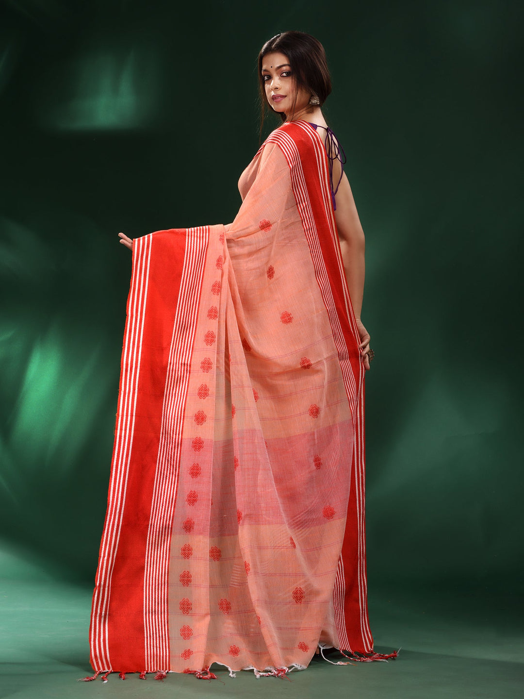 CHARUKRITI Peach Handspun Cotton Soft Handwoven Saree with Unstitched Blouse