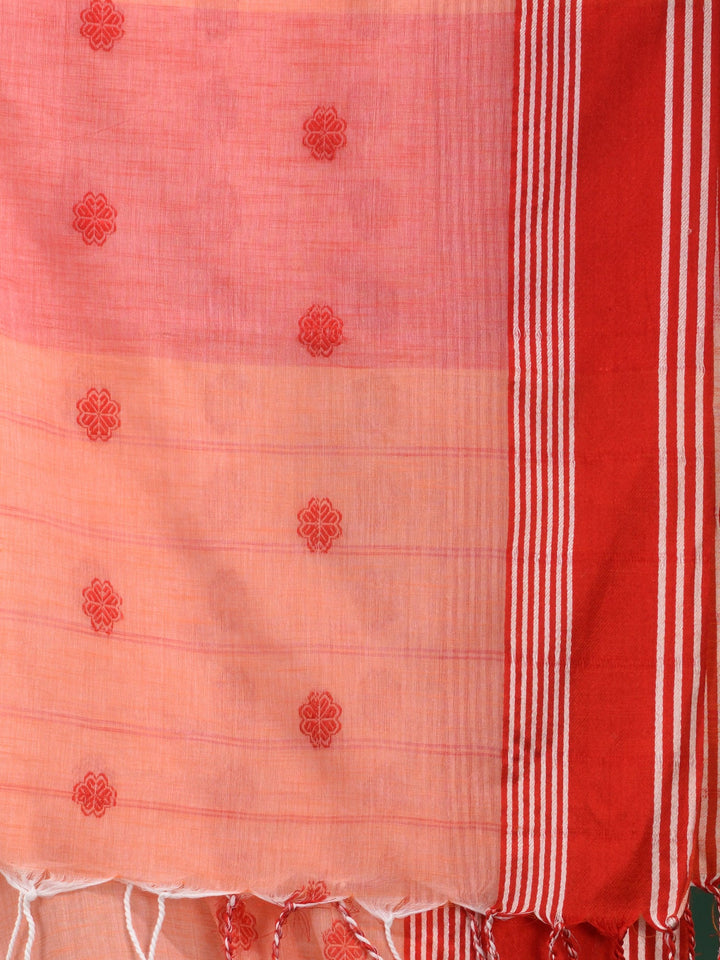 CHARUKRITI Peach Handspun Cotton Soft Handwoven Saree with Unstitched Blouse