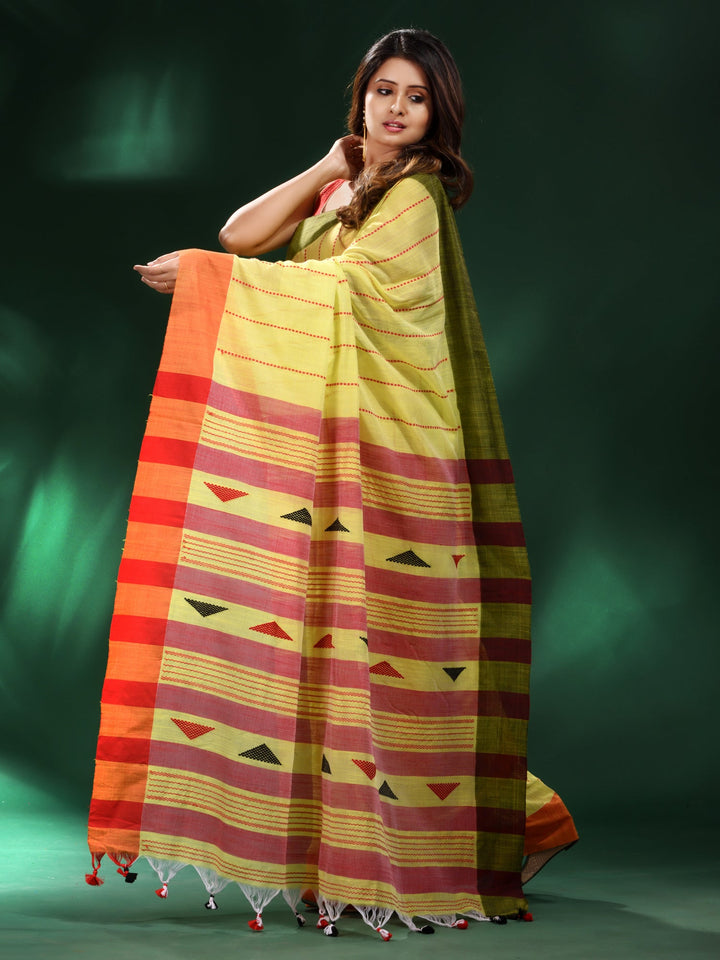 CHARUKRITI Lime Green Handspun Cotton Handwoven Saree with Unstitched Blouse