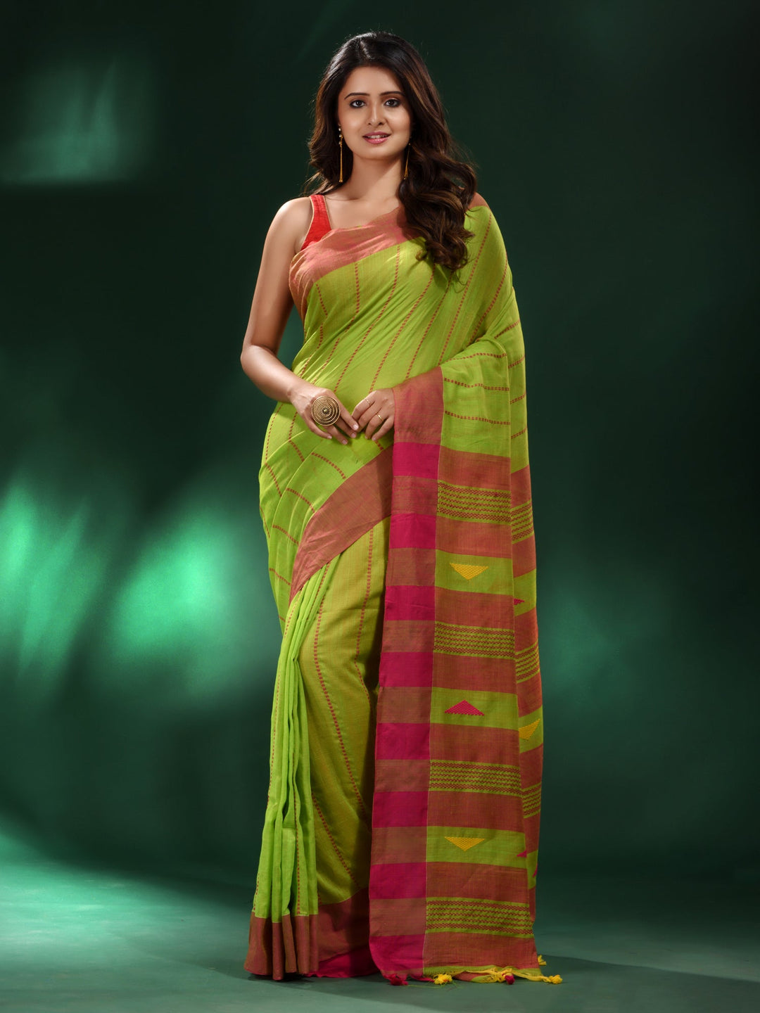 CHARUKRITI Green Handspun Cotton Handwoven Saree with Unstitched Blouse