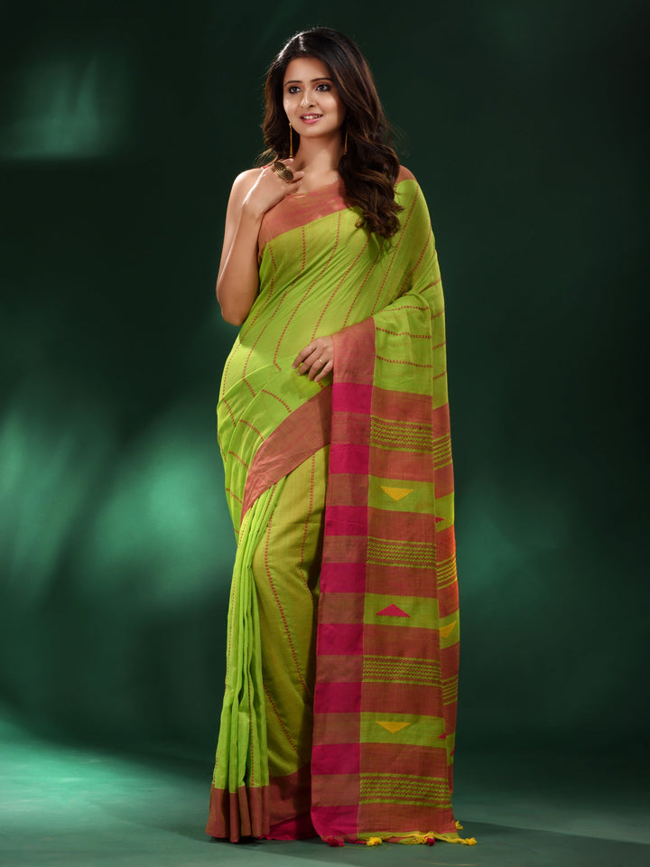 CHARUKRITI Green Handspun Cotton Handwoven Saree with Unstitched Blouse