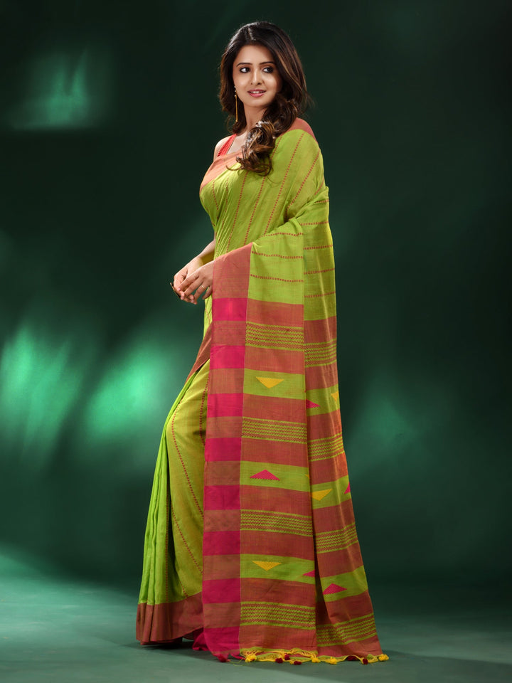 CHARUKRITI Green Handspun Cotton Handwoven Saree with Unstitched Blouse