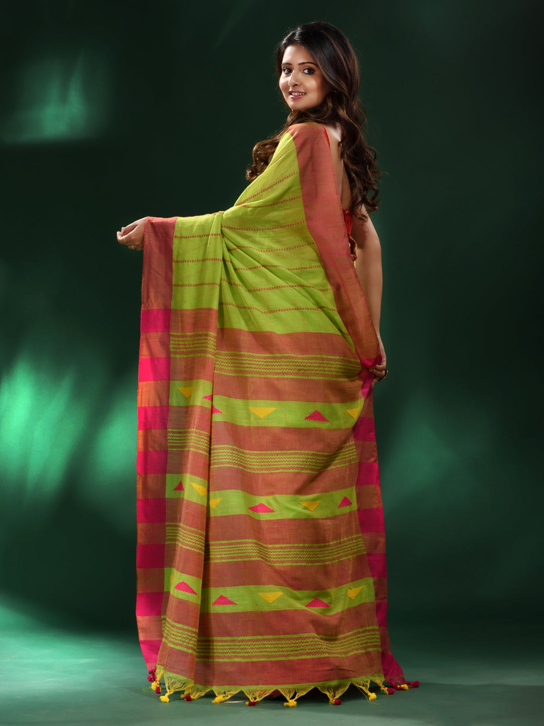 CHARUKRITI Green Handspun Cotton Handwoven Saree with Unstitched Blouse