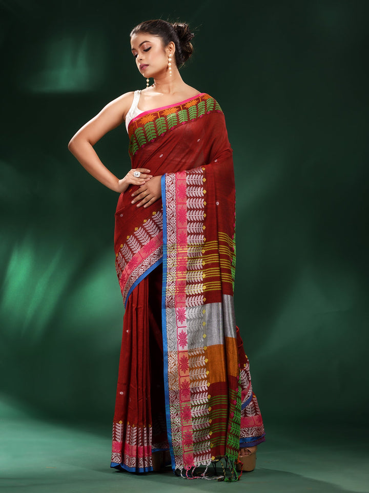 CHARUKRITI Red Handspun Cotton Soft Saree with Unstitched Blouse