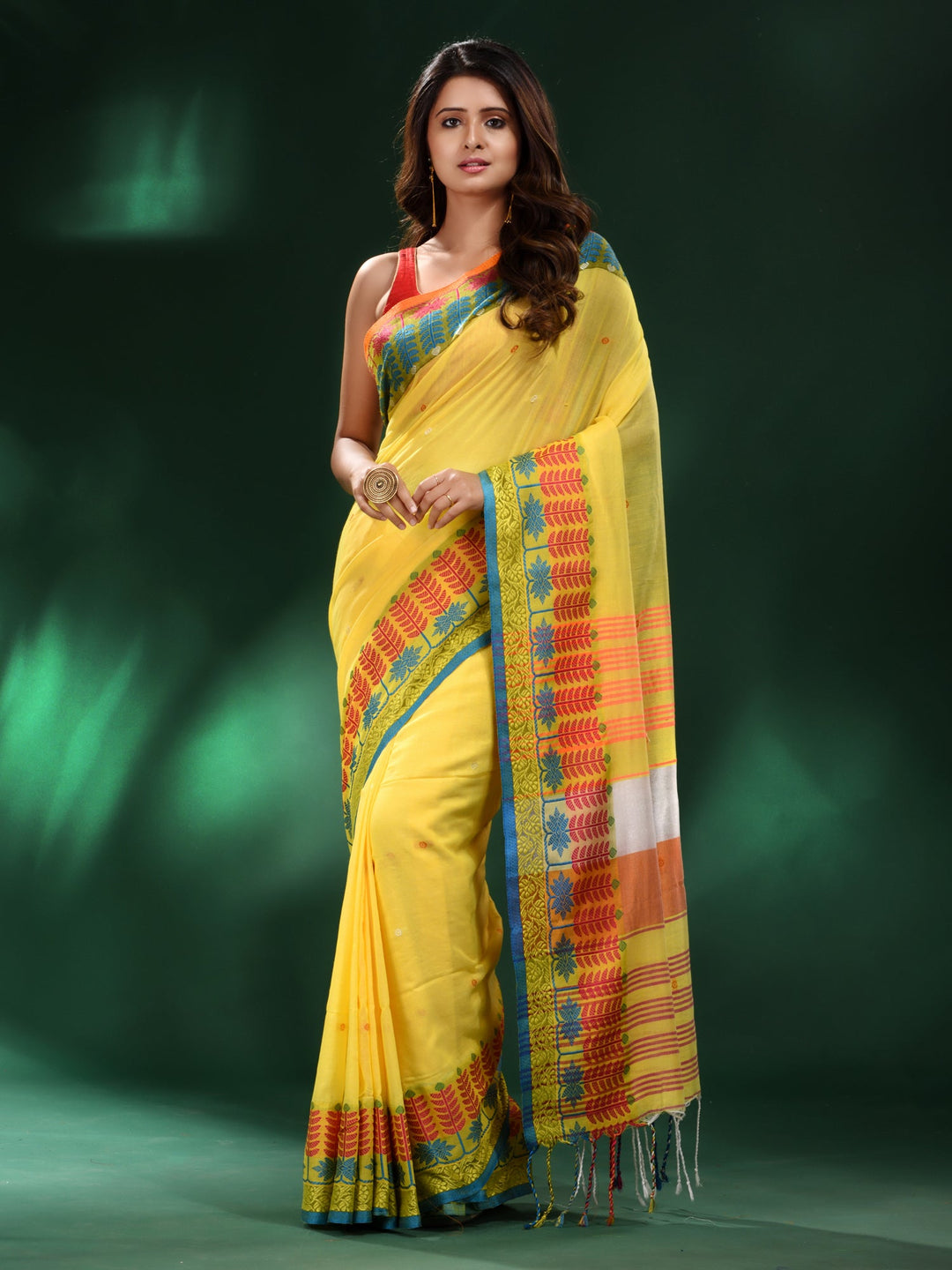 CHARUKRITI Yellow Handspun Cotton Soft Saree with Unstitched Blouse