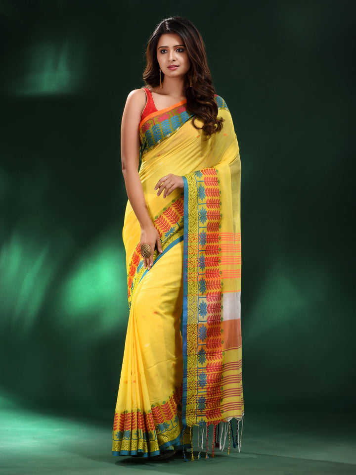 CHARUKRITI Yellow Handspun Cotton Soft Saree with Unstitched Blouse