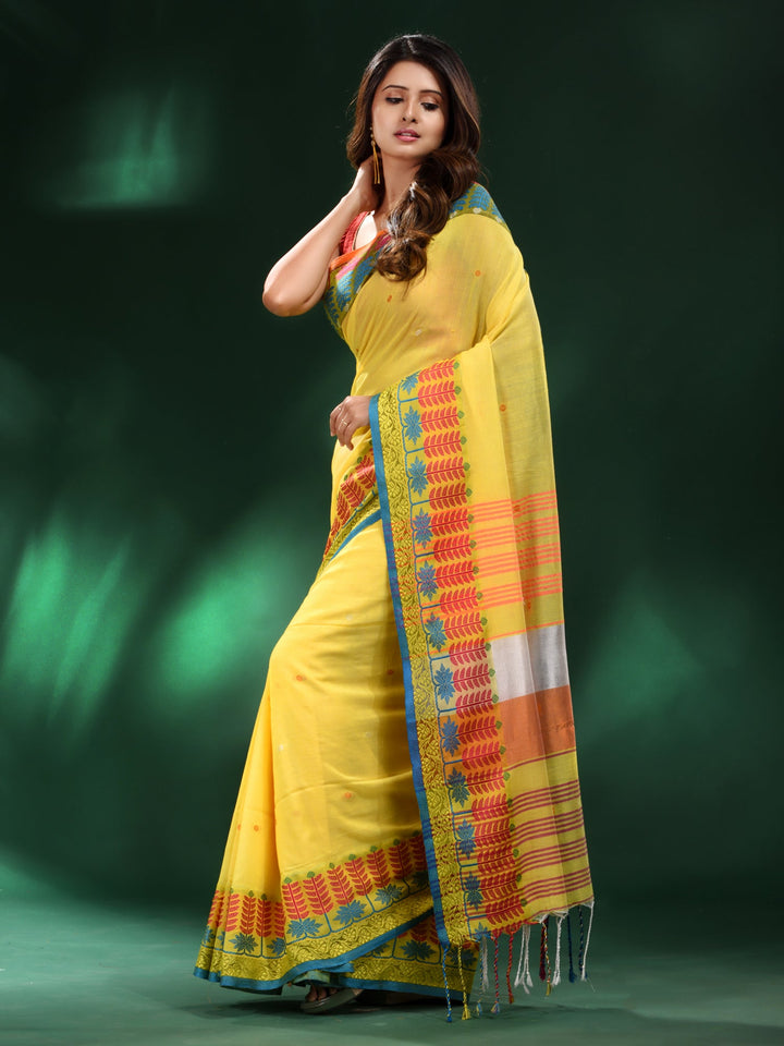 CHARUKRITI Yellow Handspun Cotton Soft Saree with Unstitched Blouse