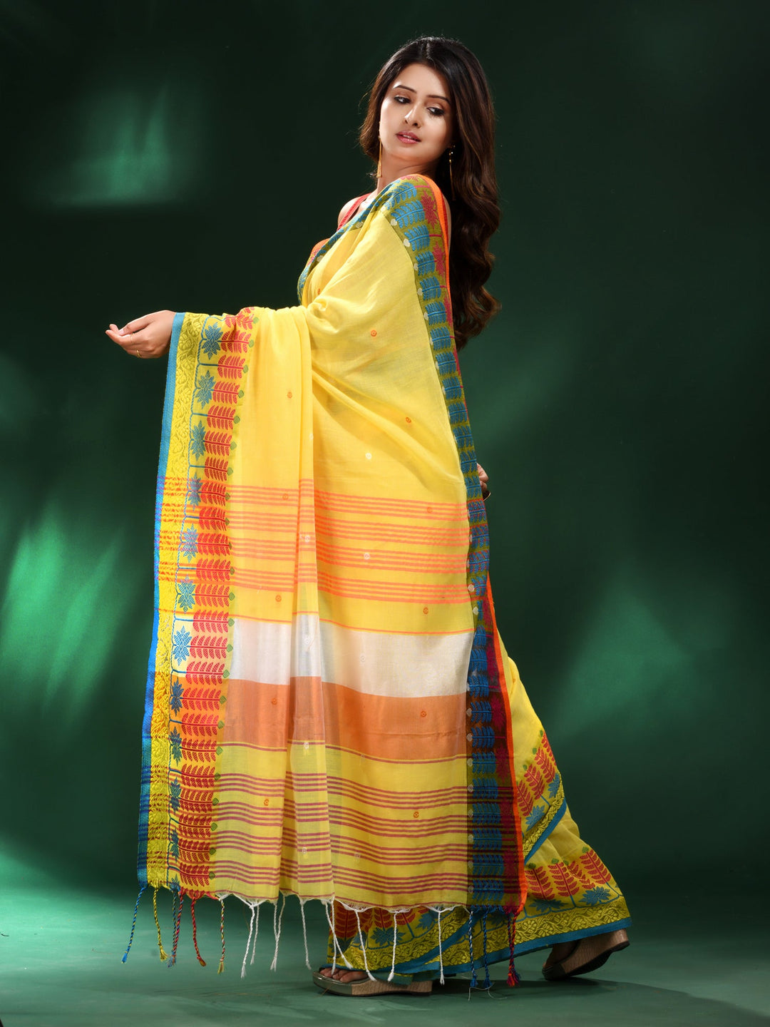 CHARUKRITI Yellow Handspun Cotton Soft Saree with Unstitched Blouse