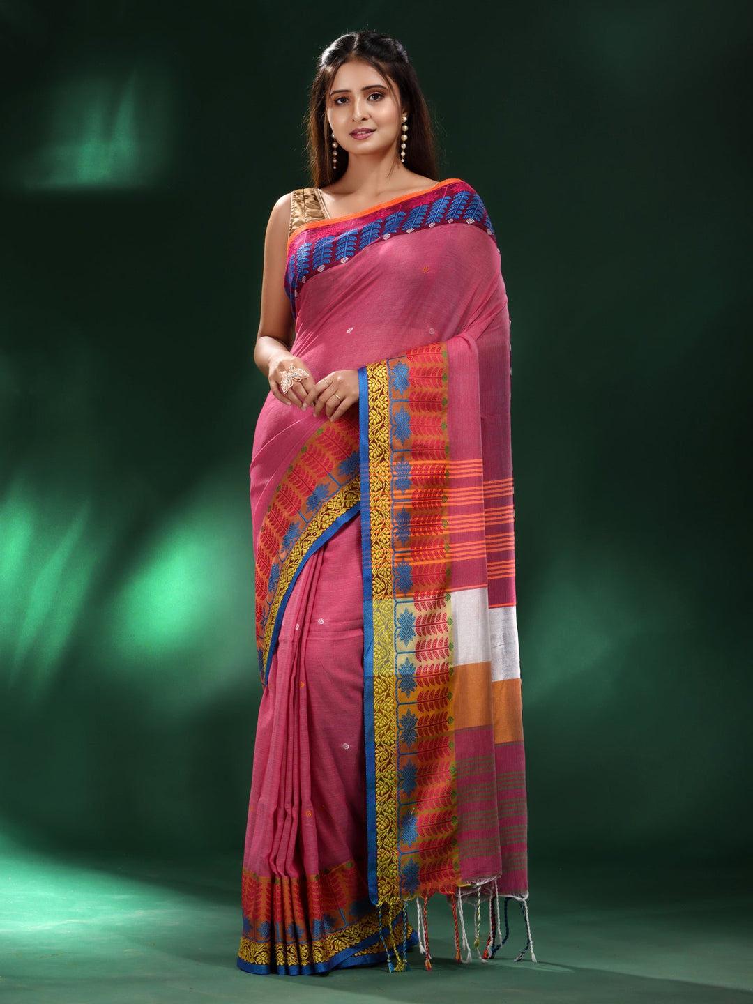 CHARUKRITI Fuchsia Handspun Cotton Soft Saree with Unstitched Blouse