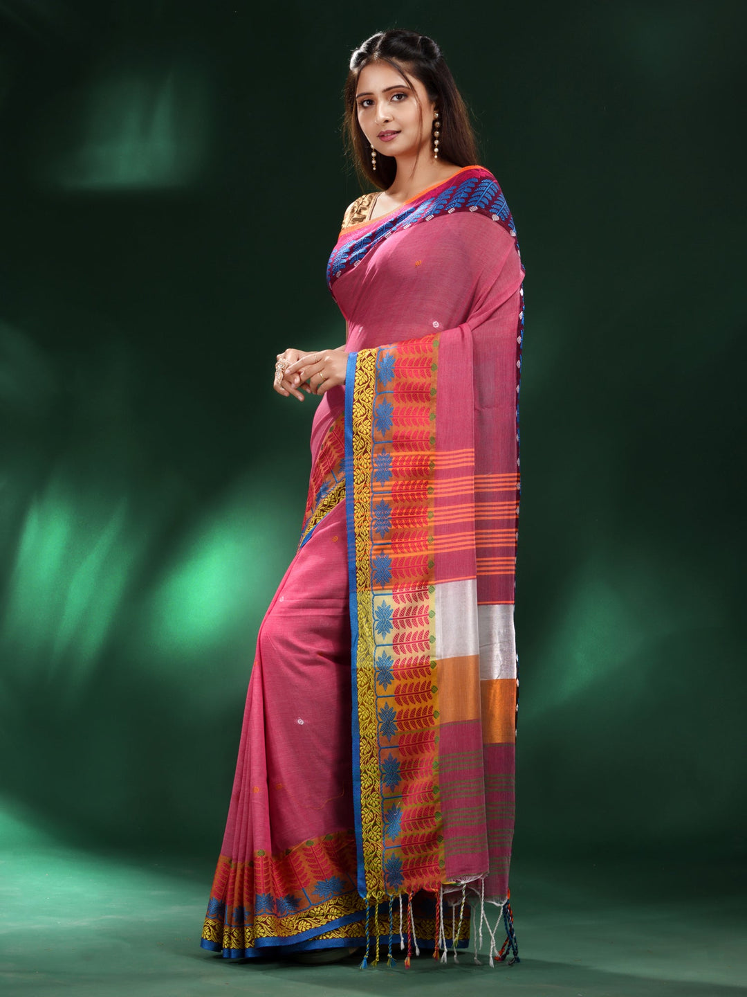 CHARUKRITI Fuchsia Handspun Cotton Soft Saree with Unstitched Blouse