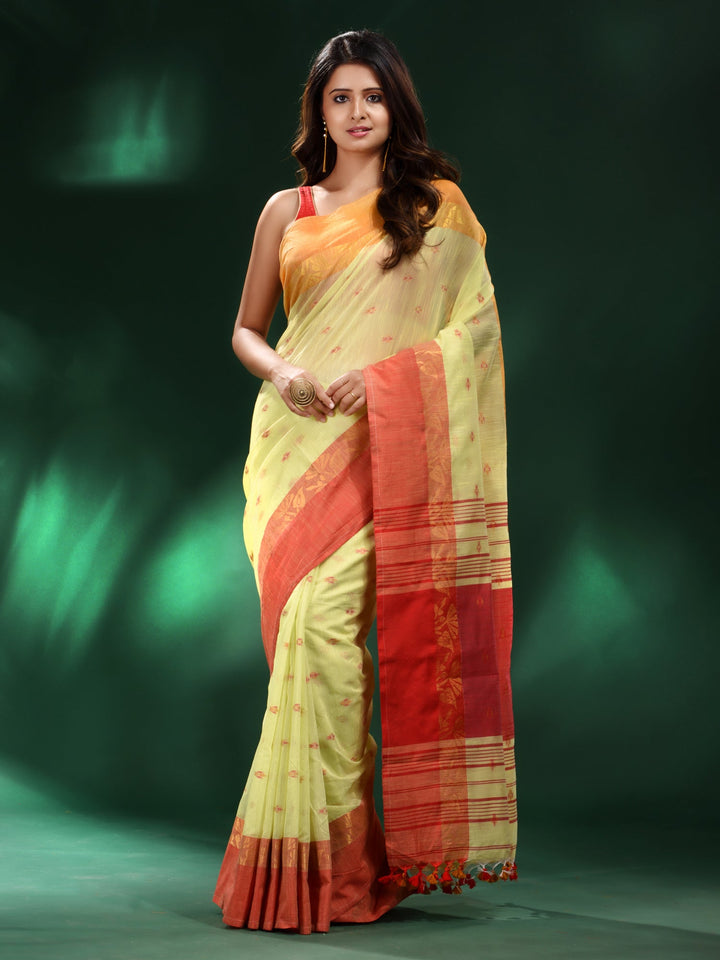 CHARUKRITI Yellow Handspun Cotton Handwoven Saree with Unstitched Blouse