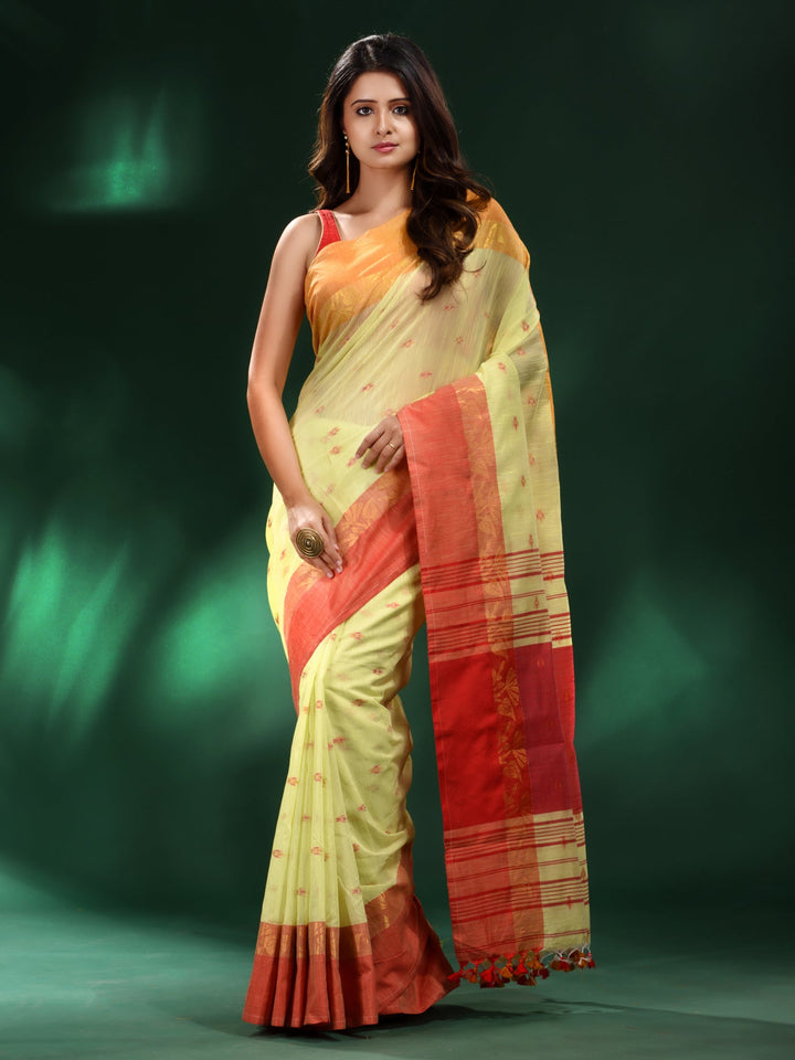 CHARUKRITI Yellow Handspun Cotton Handwoven Saree with Unstitched Blouse