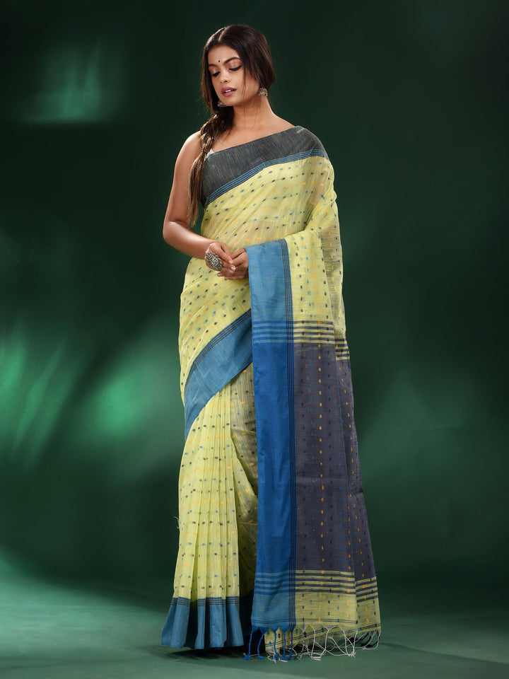 CHARUKRITI Lime Green Handspun Cotton Handwoven Saree with Unstitched Blouse