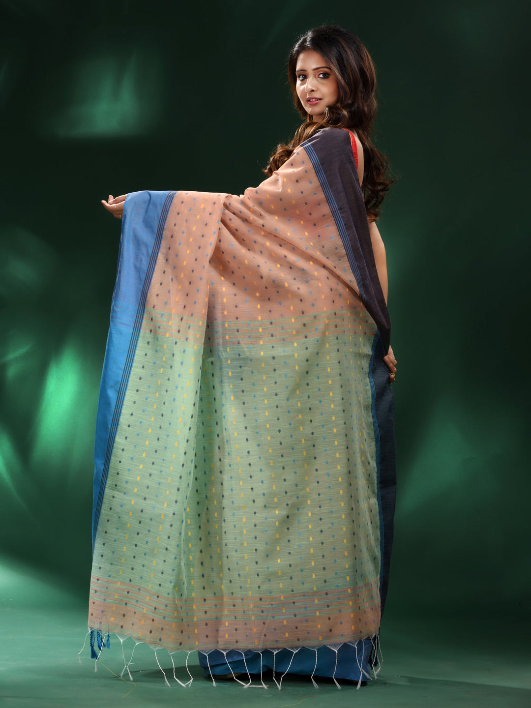 CHARUKRITI Beige Handspun Cotton Handwoven Saree with Unstitched Blouse