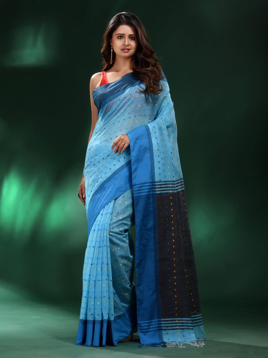 CHARUKRITI Blue Handspun Cotton Handwoven Saree with Unstitched Blouse