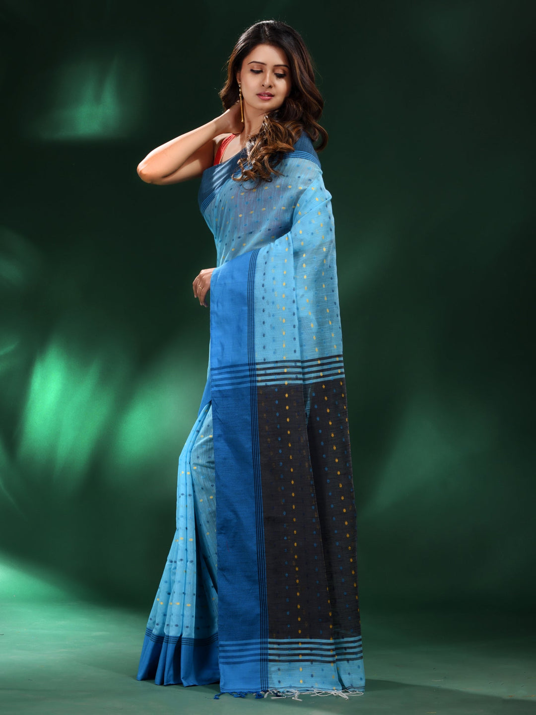 CHARUKRITI Blue Handspun Cotton Handwoven Saree with Unstitched Blouse