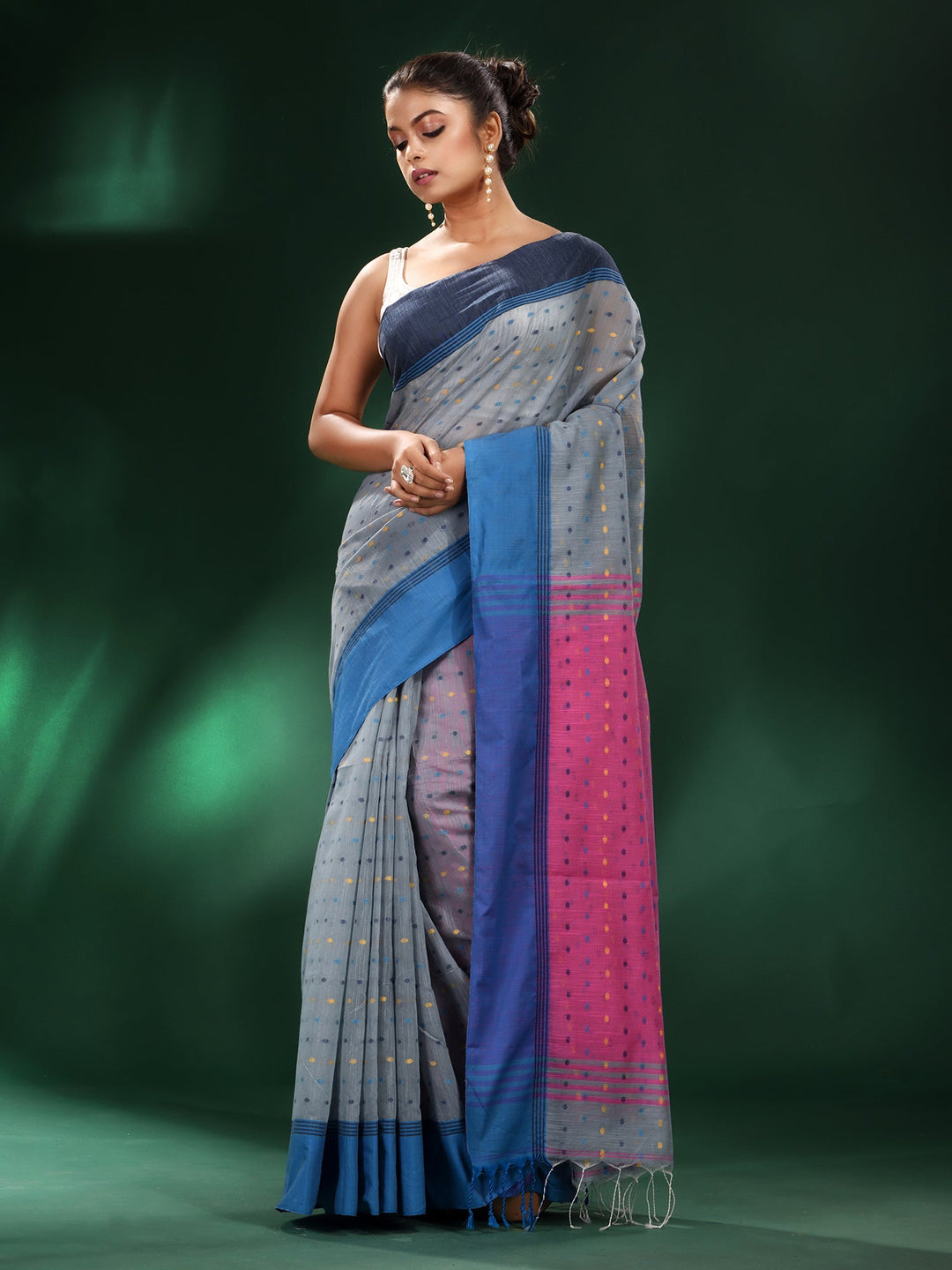 CHARUKRITI Grey Handspun Cotton Handwoven Saree with Unstitched Blouse