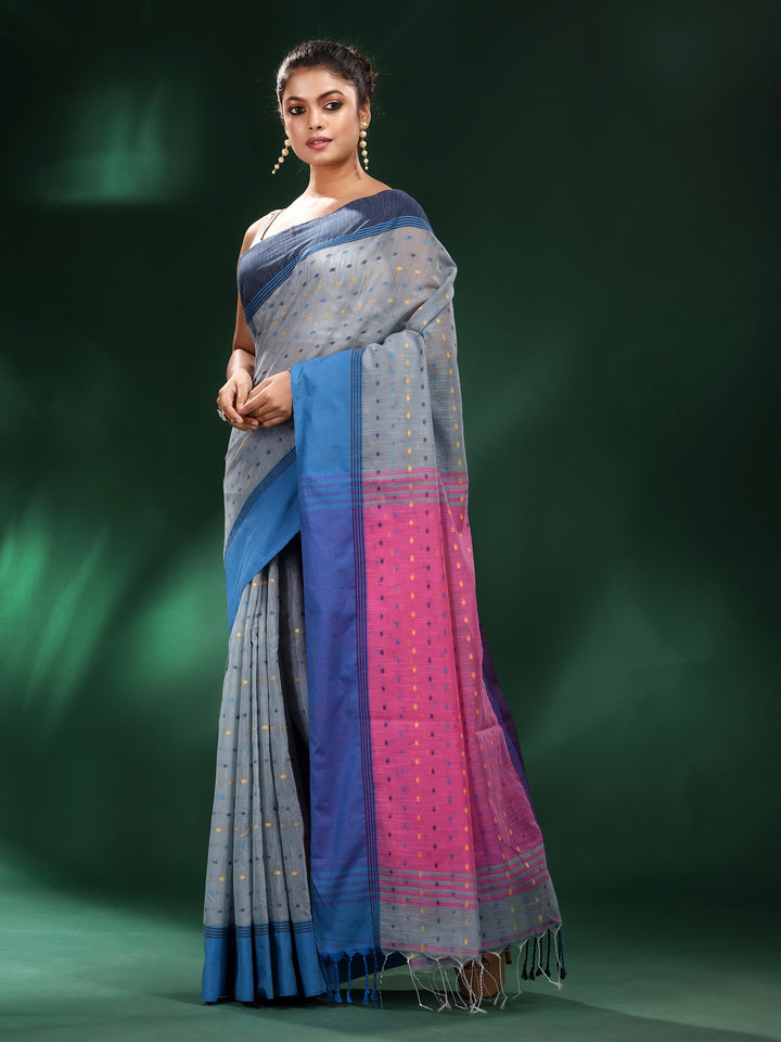 CHARUKRITI Grey Handspun Cotton Handwoven Saree with Unstitched Blouse