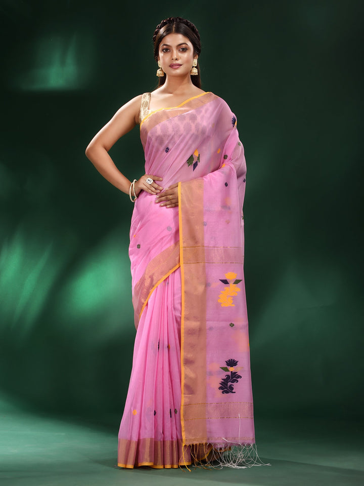 CHARUKRITI Pink Muslin Silk Handwoven Zari Border Saree with Unstitched Blouse