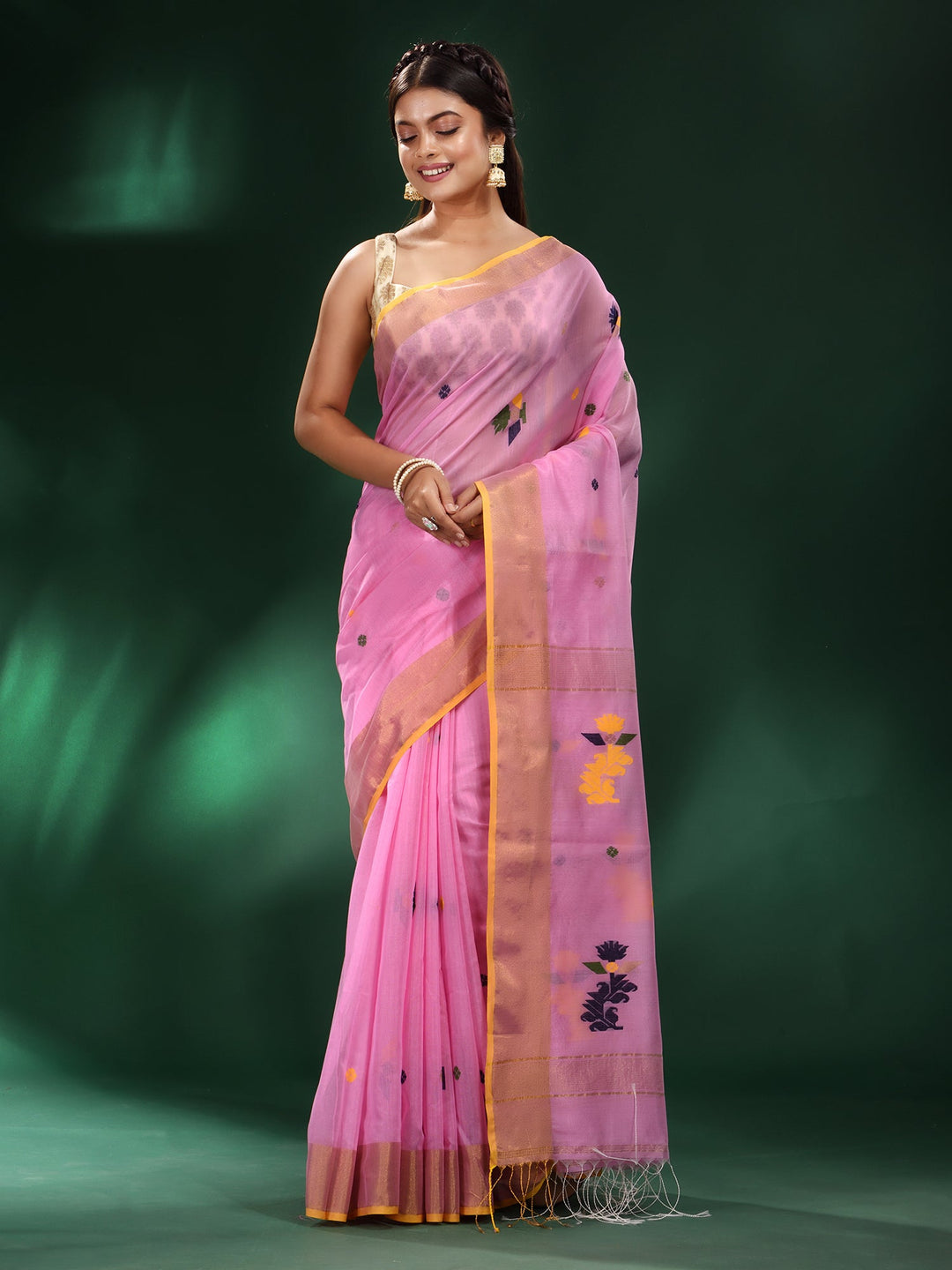 CHARUKRITI Pink Muslin Silk Handwoven Zari Border Saree with Unstitched Blouse