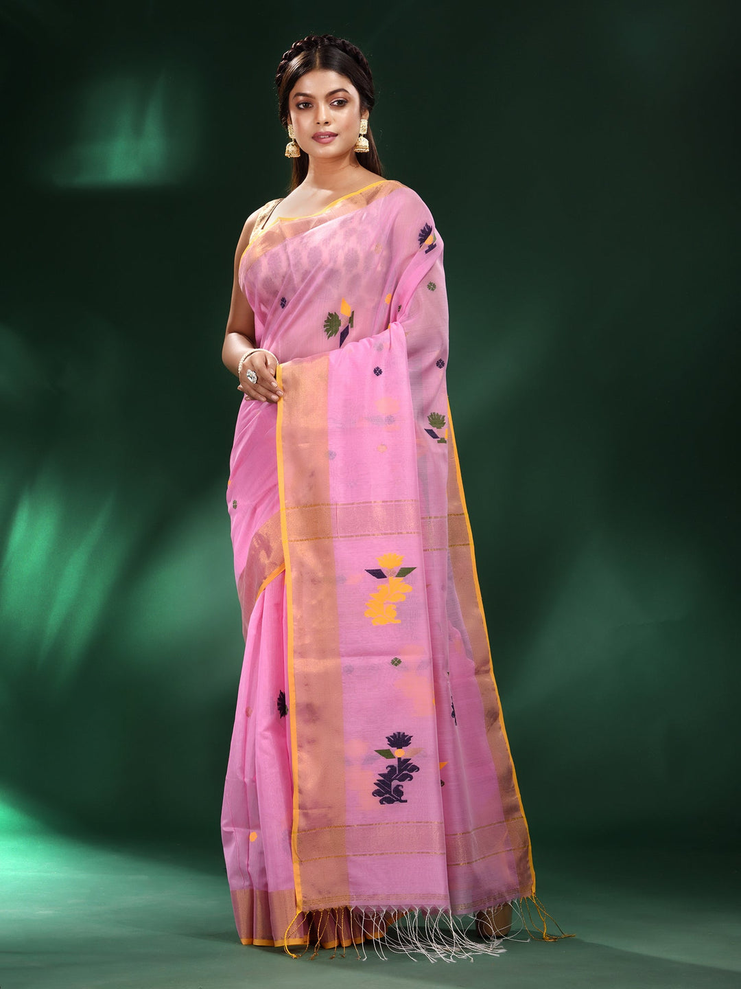 CHARUKRITI Pink Muslin Silk Handwoven Zari Border Saree with Unstitched Blouse