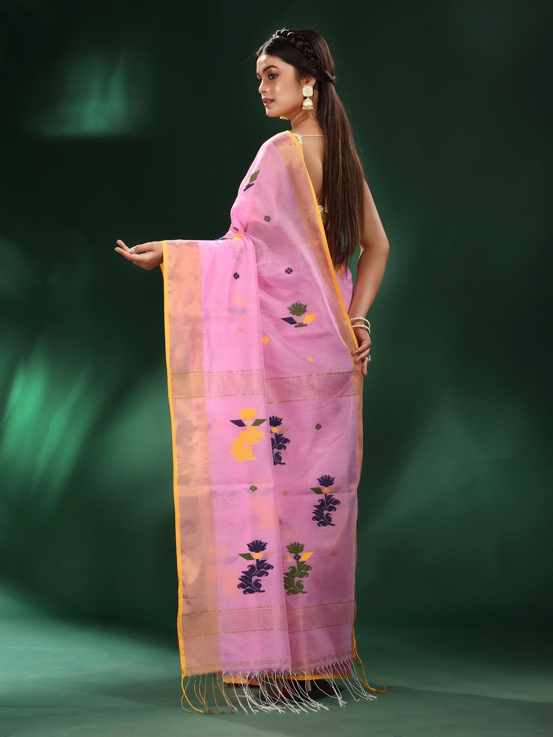 CHARUKRITI Pink Muslin Silk Handwoven Zari Border Saree with Unstitched Blouse