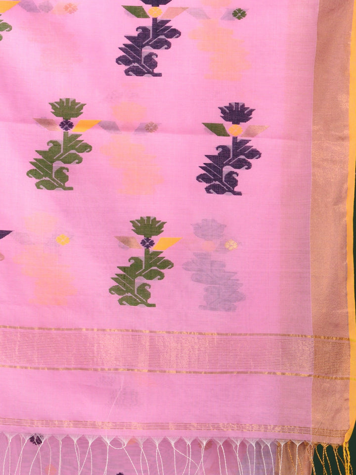 CHARUKRITI Pink Muslin Silk Handwoven Zari Border Saree with Unstitched Blouse