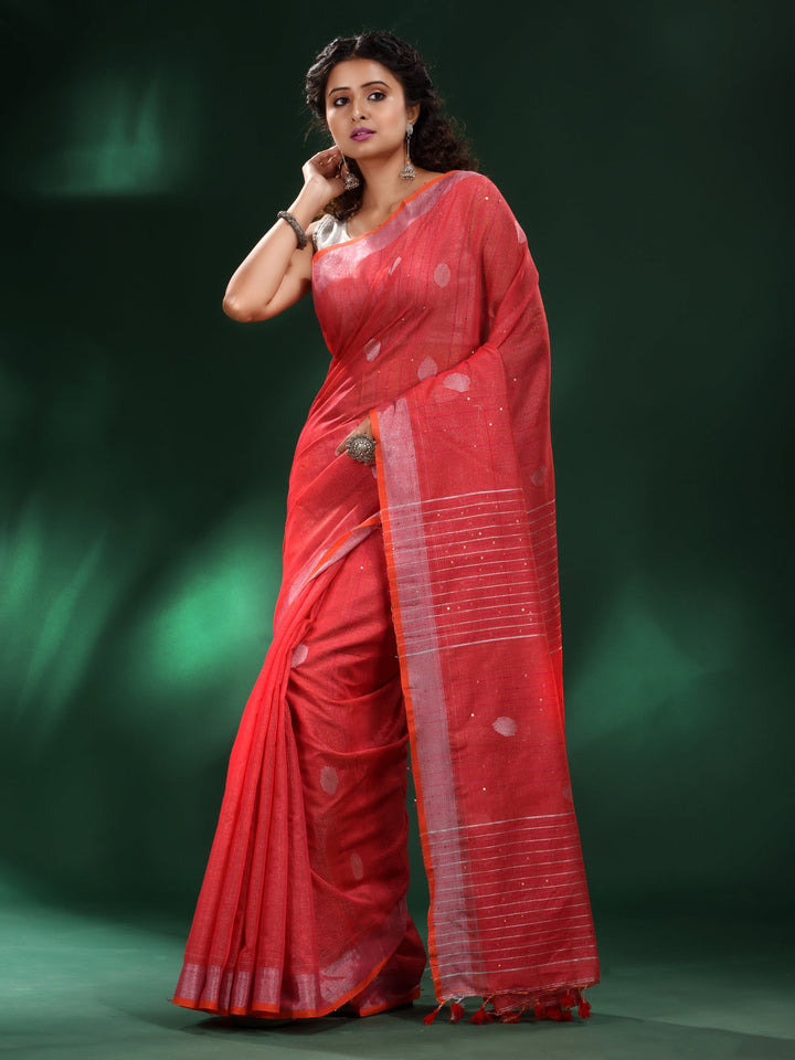 CHARUKRITI Red Blended Cotton Handwoven Saree with Unstitched Blouse