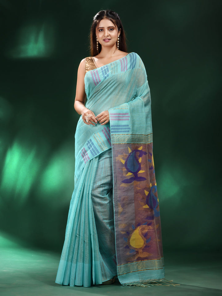 CHARUKRITI Sea Green Tissue Handwoven Saree with Unstitched Blouse