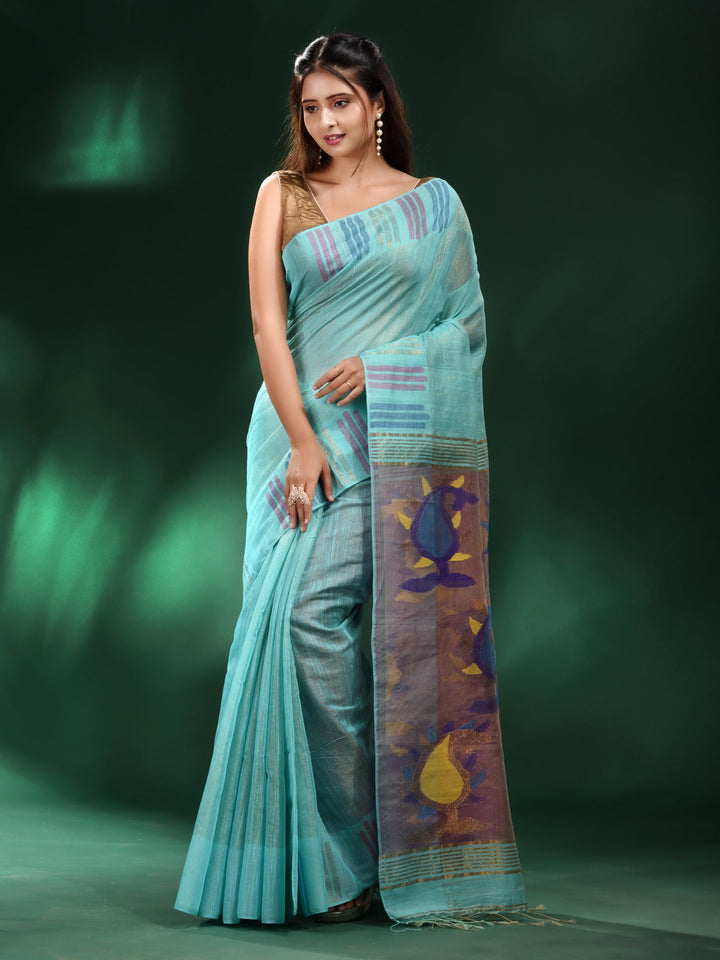 CHARUKRITI Sea Green Tissue Handwoven Saree with Unstitched Blouse