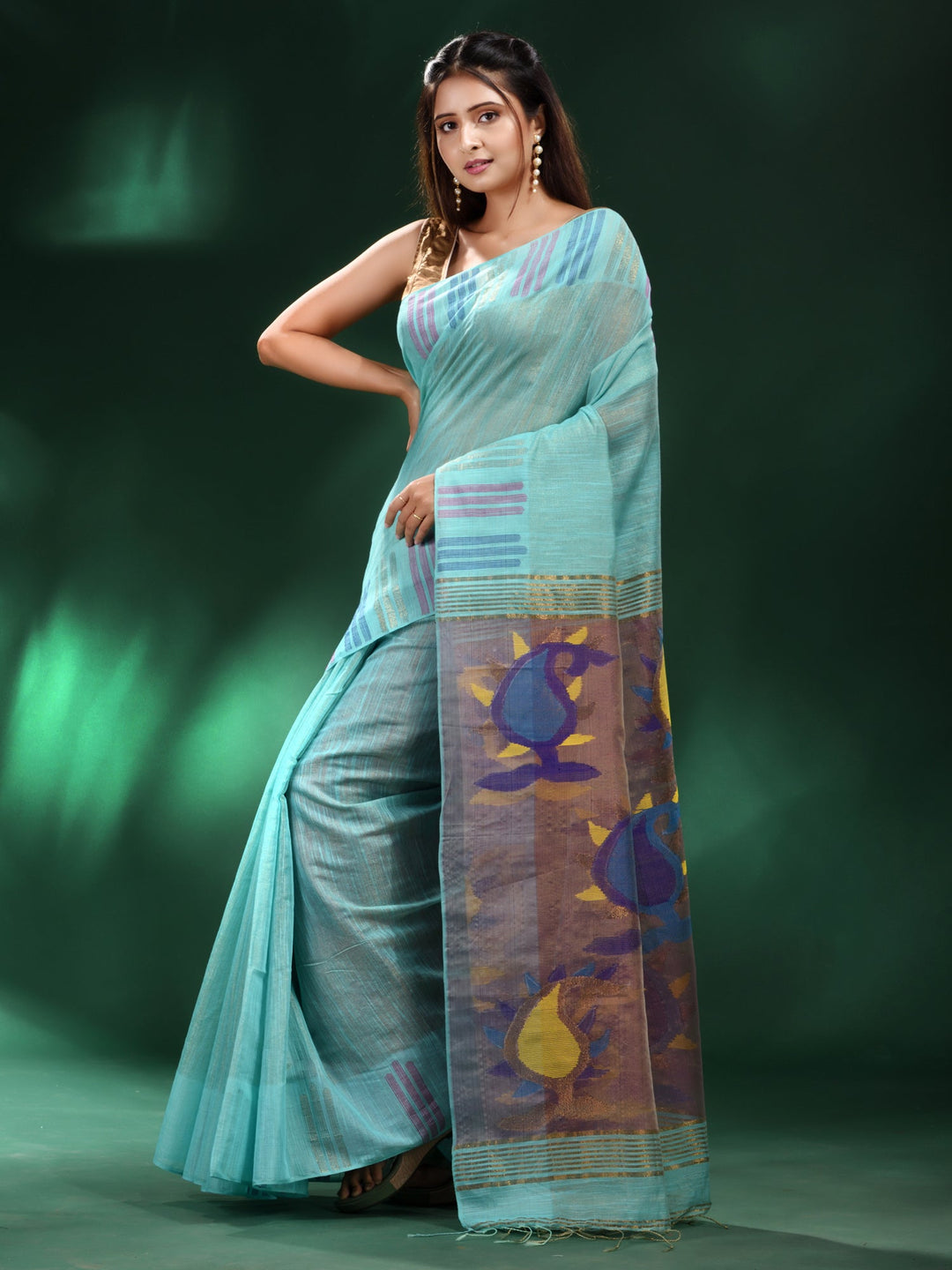 CHARUKRITI Sea Green Tissue Handwoven Saree with Unstitched Blouse