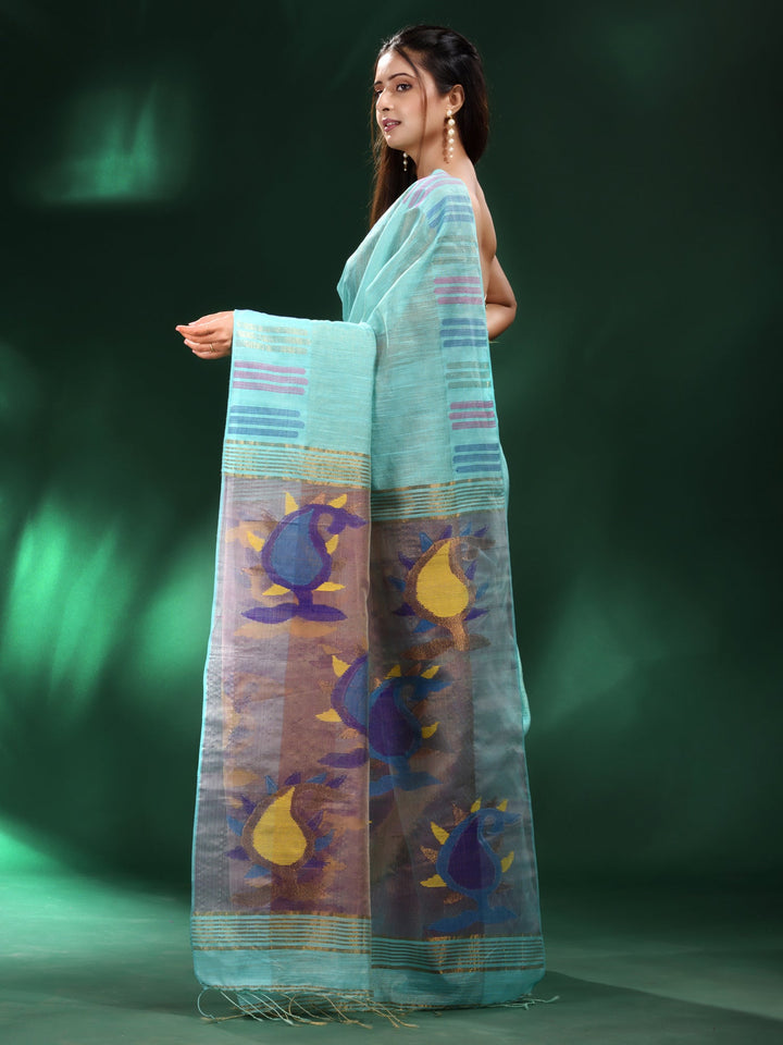 CHARUKRITI Sea Green Tissue Handwoven Saree with Unstitched Blouse