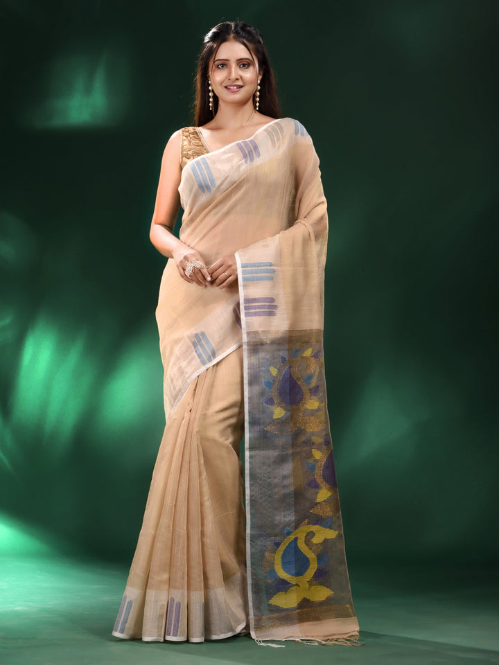 CHARUKRITI Beige Tissue Handwoven Saree with Unstitched Blouse