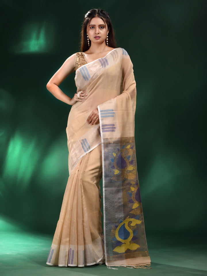 CHARUKRITI Beige Tissue Handwoven Saree with Unstitched Blouse