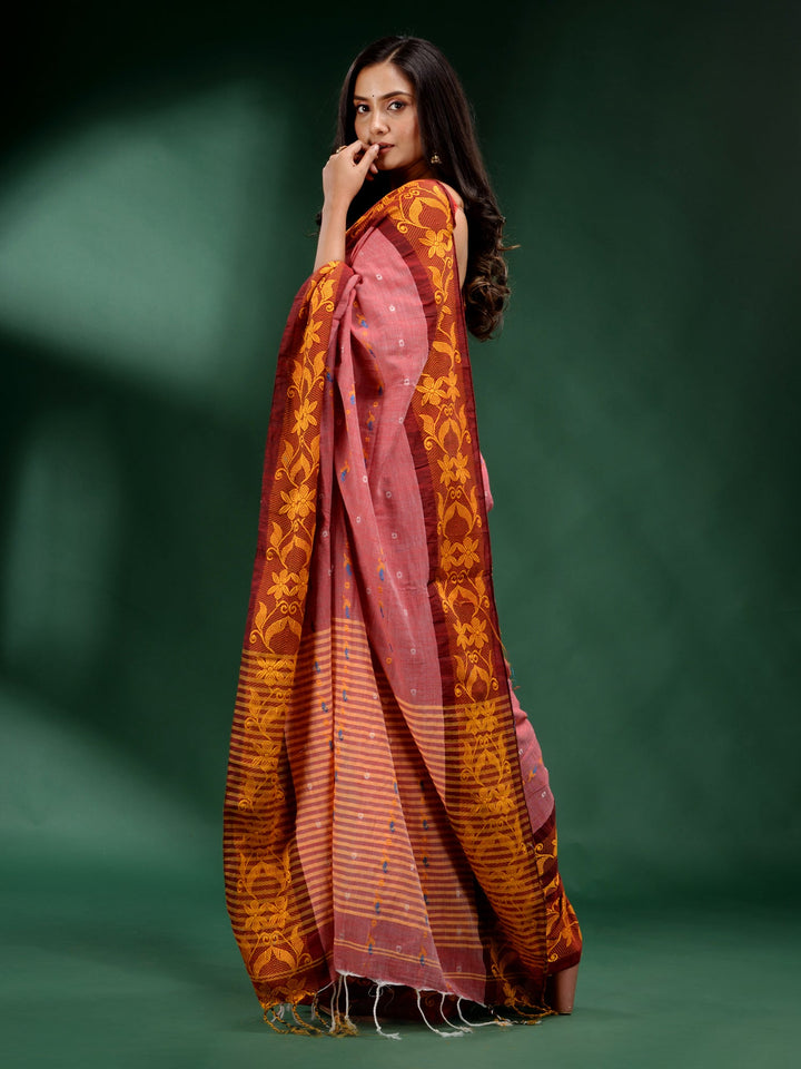 CHARUKRITI Light Coral Red Khadi Handwoven Soft Saree with Unstitched Blouse