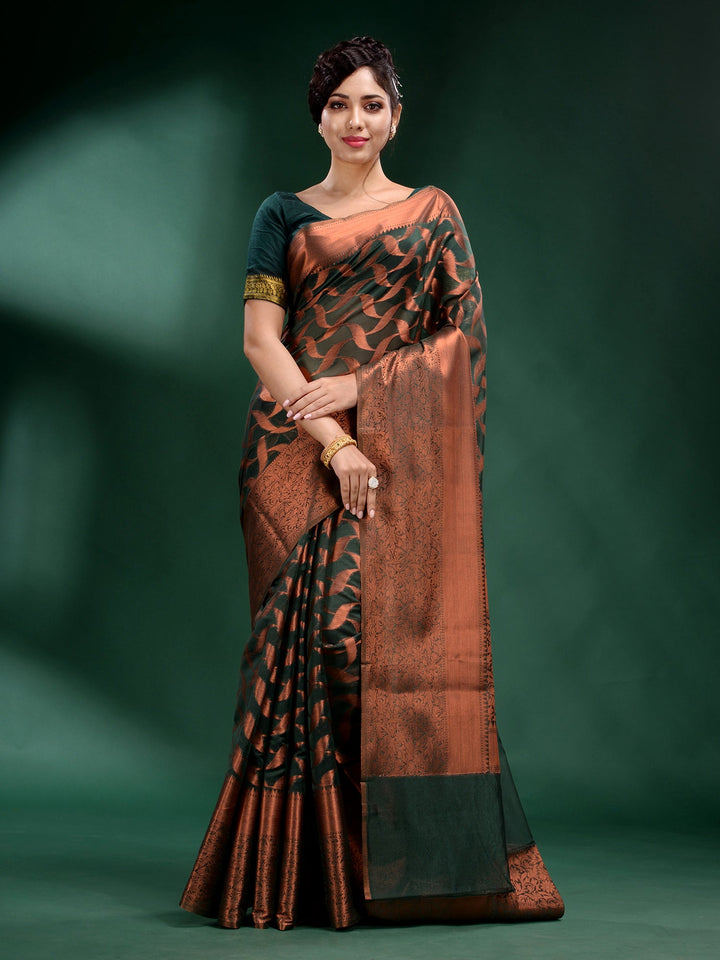 CHARUKRITI Green Organza Handwoven Soft Saree with Unstitched Blouse