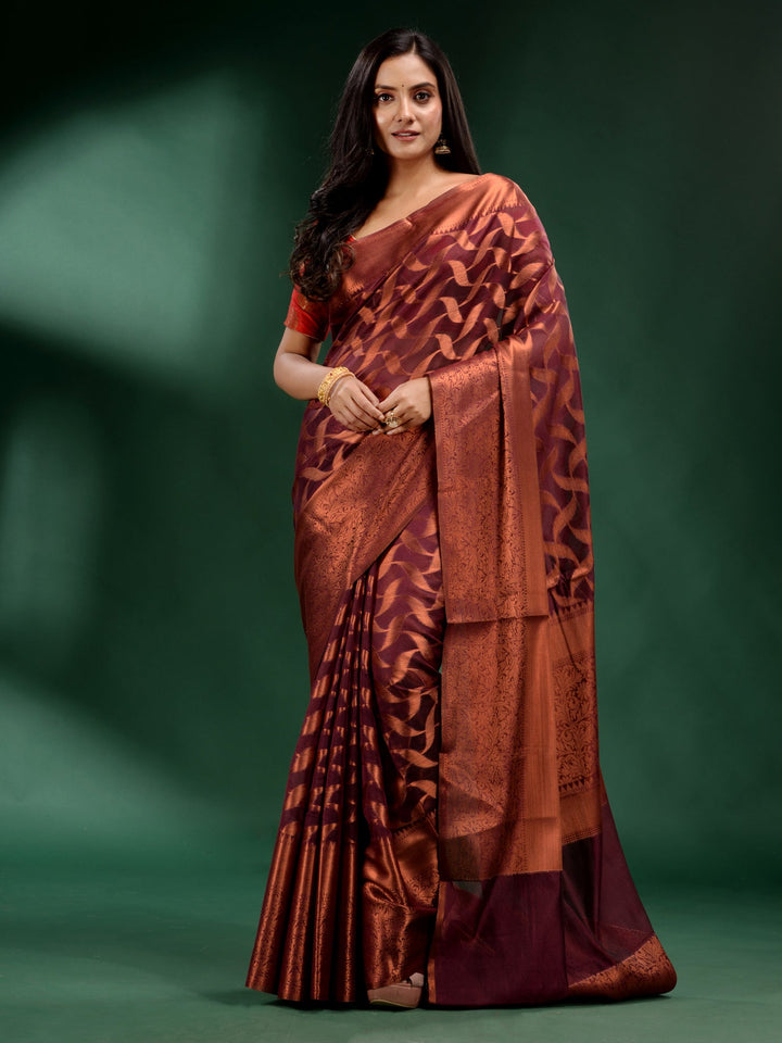 CHARUKRITI Brown Organza Handwoven Soft Saree with Unstitched Blouse