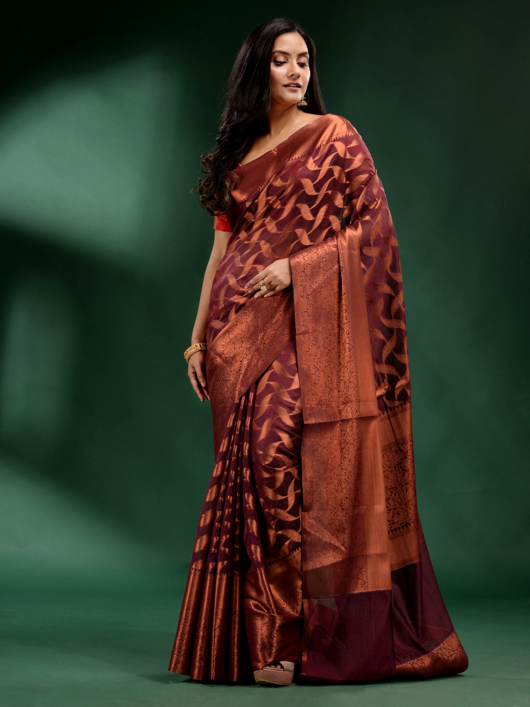 CHARUKRITI Brown Organza Handwoven Soft Saree with Unstitched Blouse