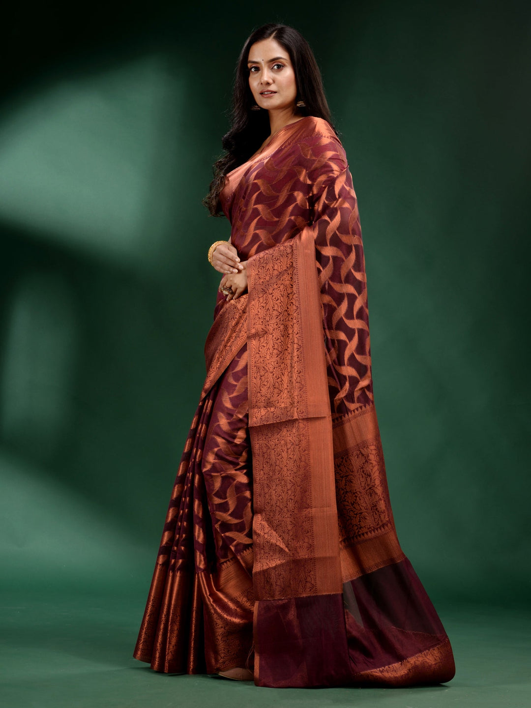 CHARUKRITI Brown Organza Handwoven Soft Saree with Unstitched Blouse