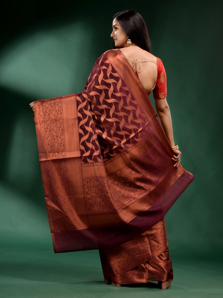 CHARUKRITI Brown Organza Handwoven Soft Saree with Unstitched Blouse