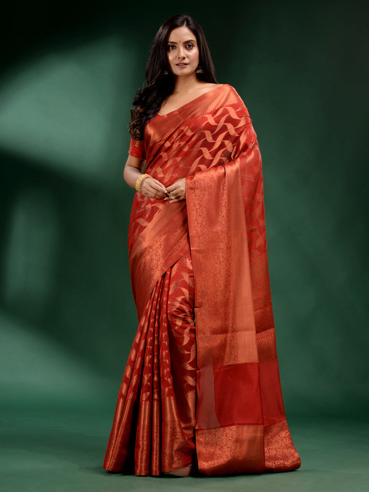 CHARUKRITI Red Organza Handwoven Soft Saree with Unstitched Blouse