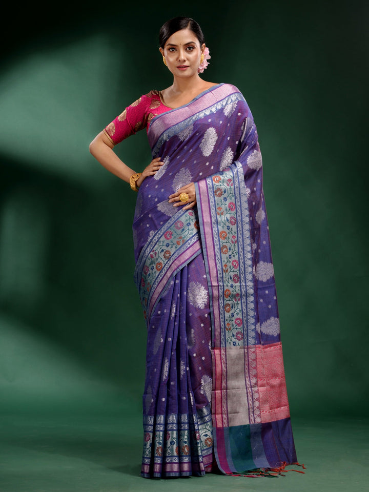 CHARUKRITI Violet Pure Silk Handwoven Soft Saree with Unstitched Blouse