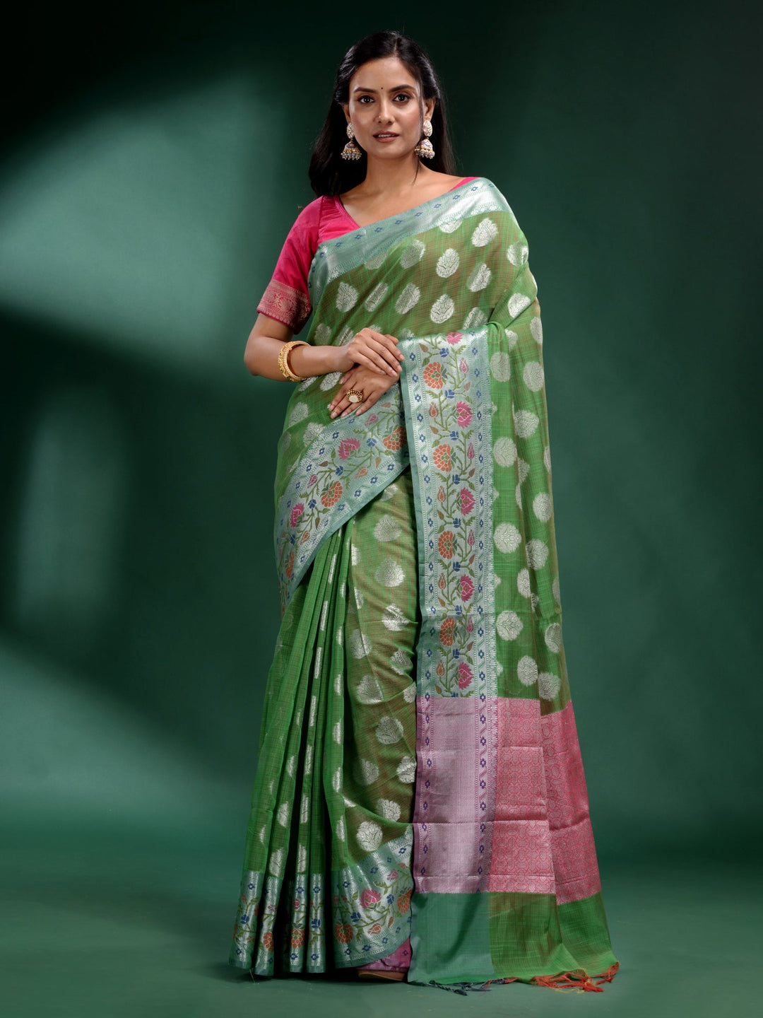 CHARUKRITI Green Pure Silk Handwoven Soft Saree with Unstitched Blouse