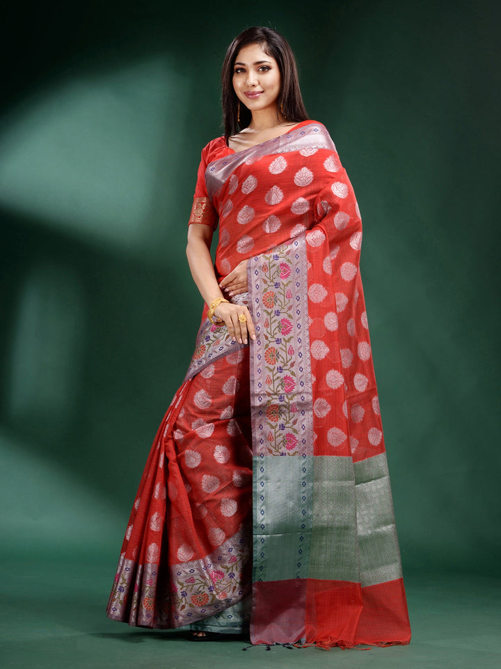 CHARUKRITI Red Pure Silk Handwoven Soft Saree with Unstitched Blouse